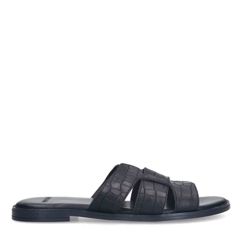 Manfield Zwarte leren croco slippers