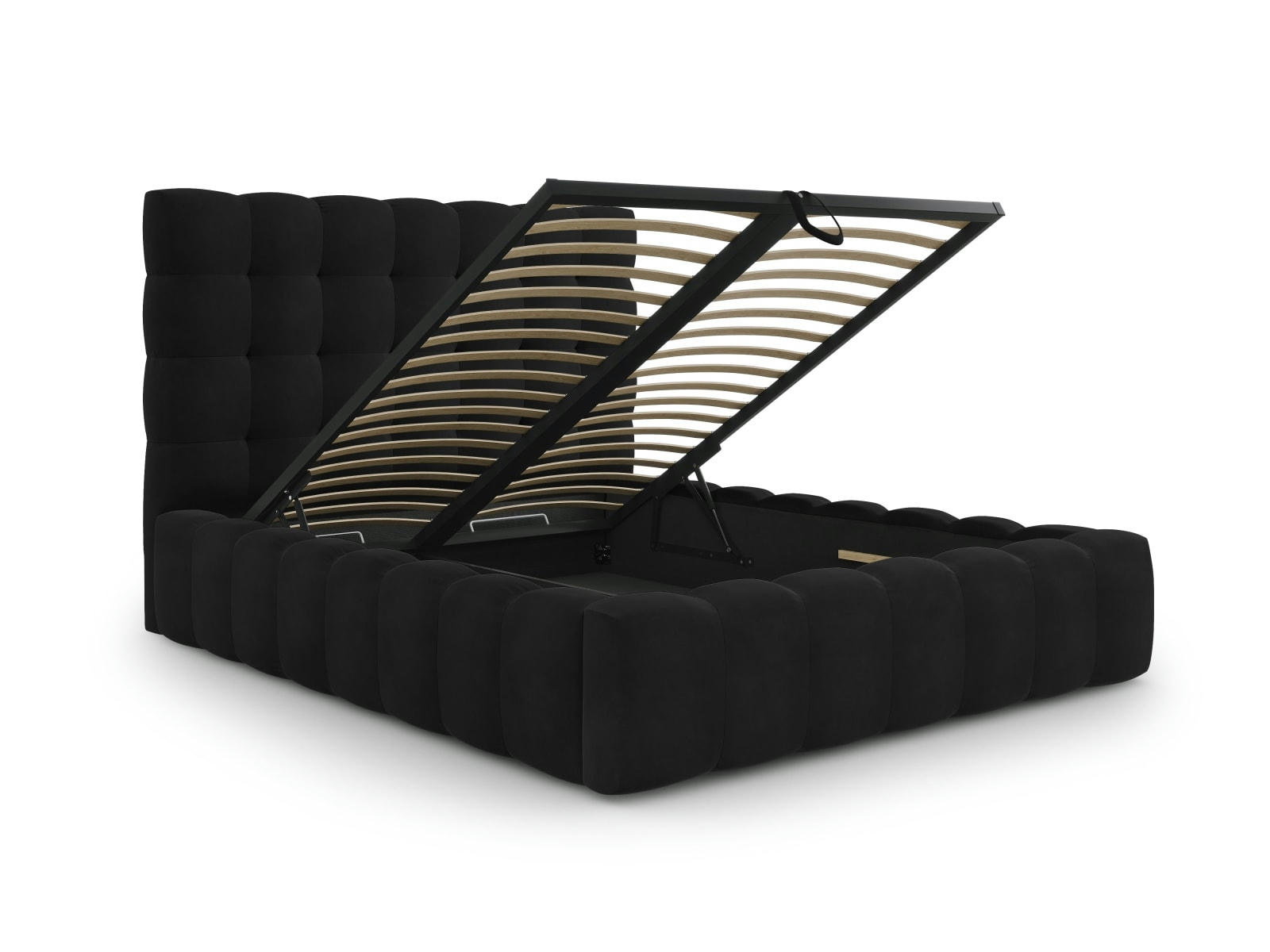 MAMAIA - Lit coffre en avec tête de lit 140x200cm en tissu velours noir