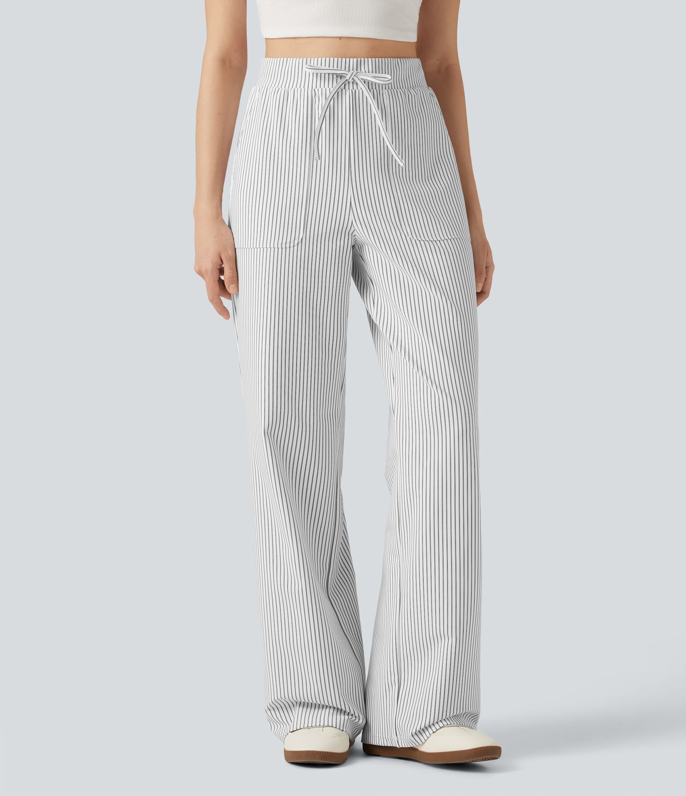 Pantalon droit taille haute à rayures avec cordon de serrage et poches
