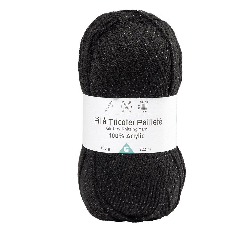 Pelote de fil à tricoter acrylique paillettes noir 100Gr