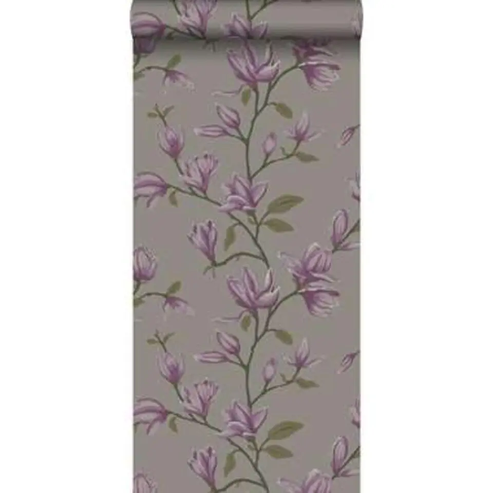 Origin behang - magnolia - taupe en aubergine paars - 53 cm x 10,05 m