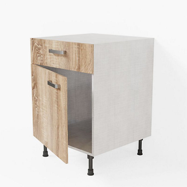 Meuble de cuisine bas - 1 porte   1 tiroir - 60 cm - Caisson coloris Lino