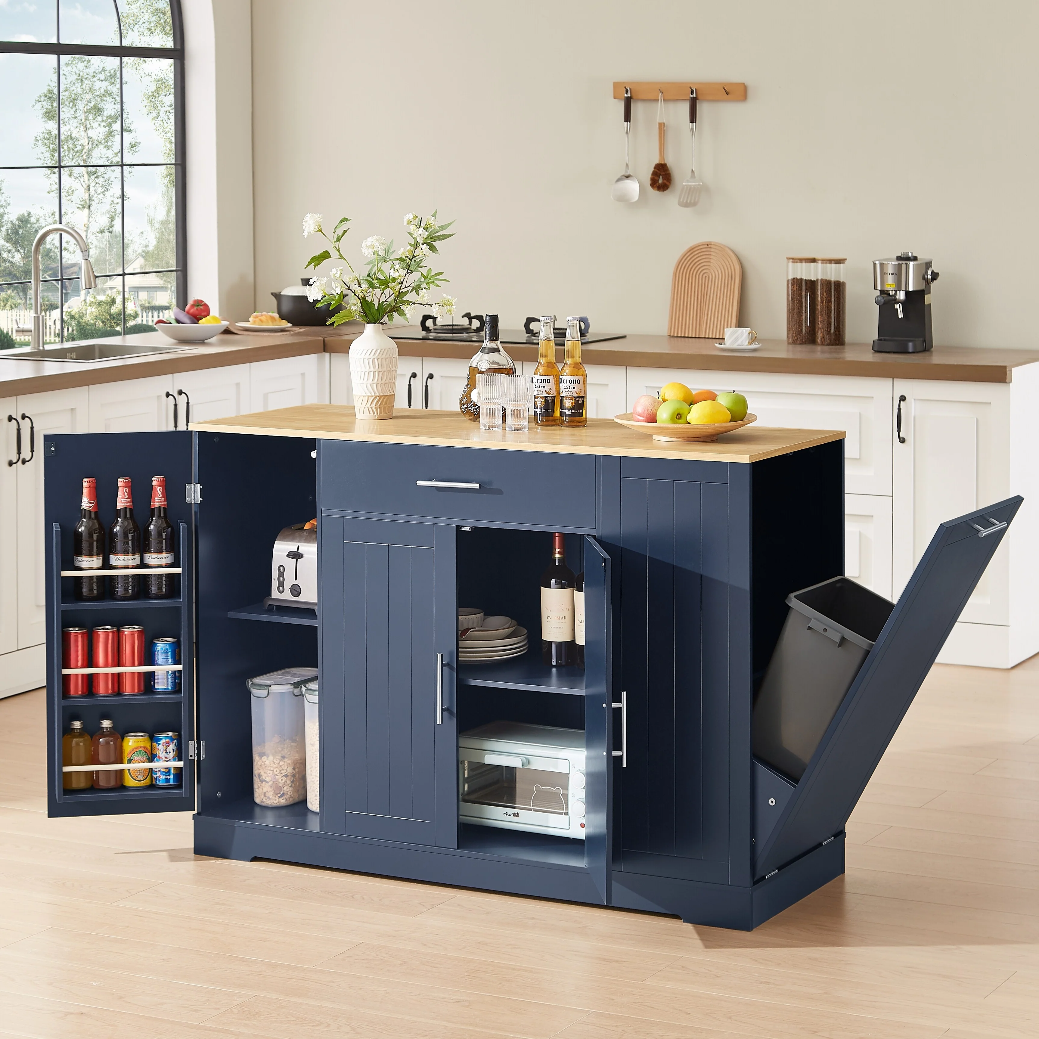 Kitchen Island with Hidden Trash Can, Multi Functional Mobile Island Table, Breakfast Bar with Drawer & Adjustable Shelves