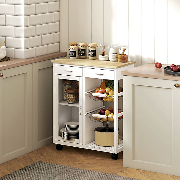 Desserte cuisine cosy plateau bambou verni - porte vitrée, 2 paniers, 2 tiroirs, 2 étagères - blanc