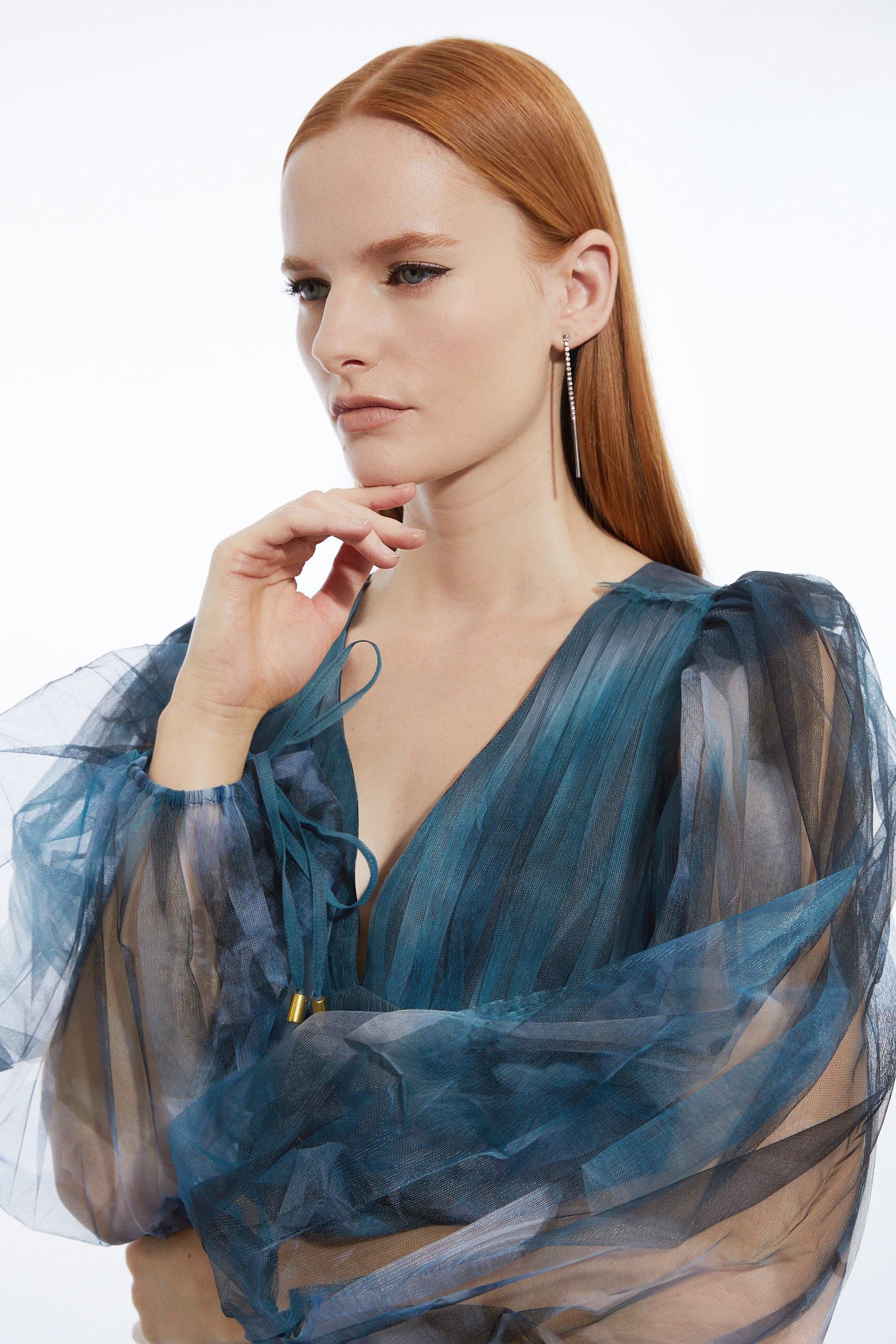 KarenMillen Blurred Floral Tulle Plunge Maxi Dress