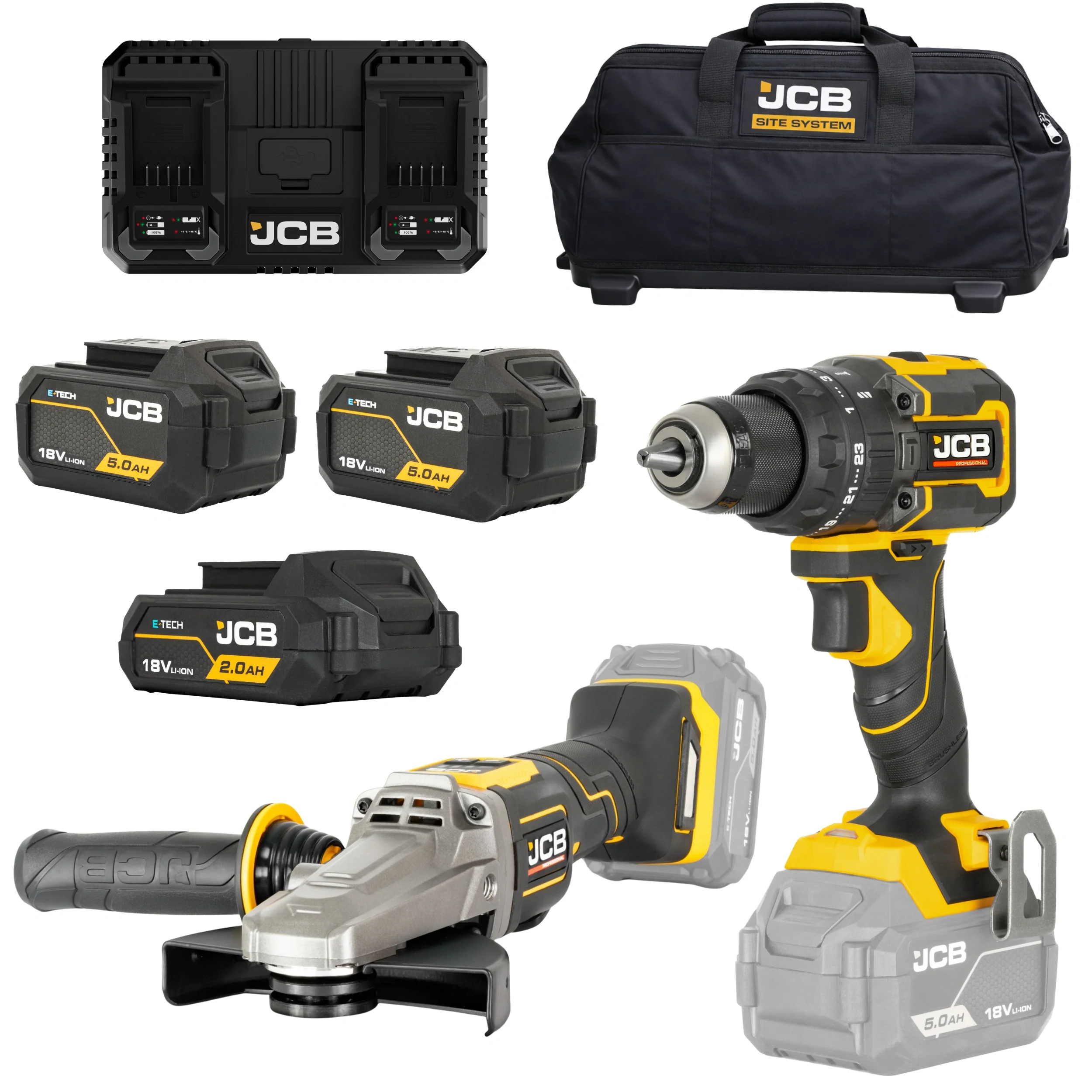 JCB Professional Szlifierka Płaska 125mm Wiertarko-Wkrętarka 75Nm 18V Zestaw Baterie 2Ah + 2*5Ah Dual Charge 4,5A Torba