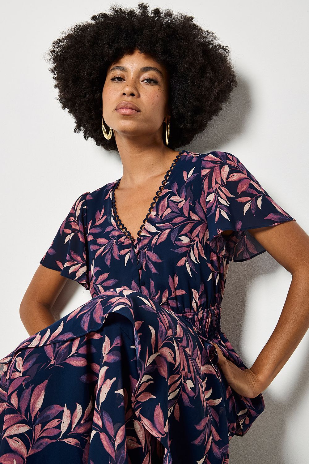 Apricot Watercolour Leaves Chiffon Tiered Maxi Dress