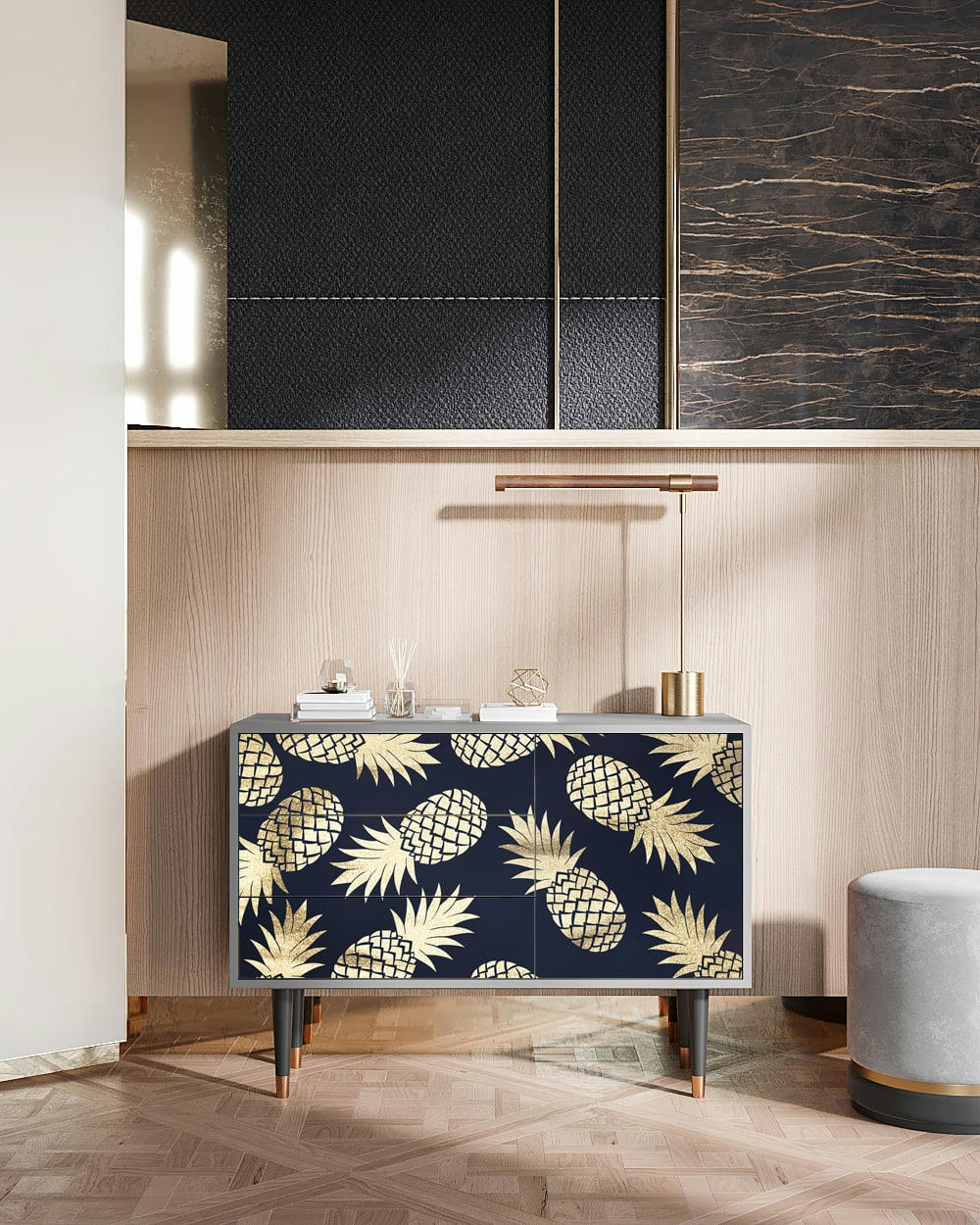 SUNNY PINEAPLE - Buffet  bleu et jaune 3 tiroirs et 1 porte L 115 cm