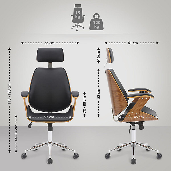 Fauteuil de Bureau Chicago En Similicuir Coque En Bois, Siège Rembourré Ajustable Pivotant, Piètement Métal Noyer/Noir