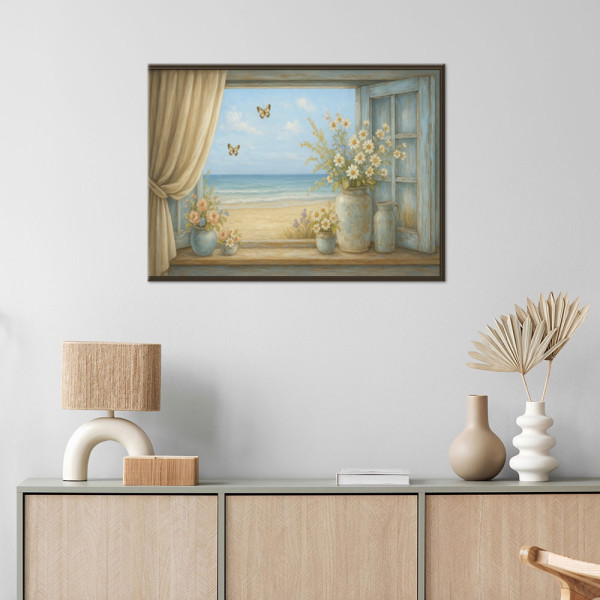 Obraz do salonu sypialni, Widok z okna na plażę Shabby Chic 30x20