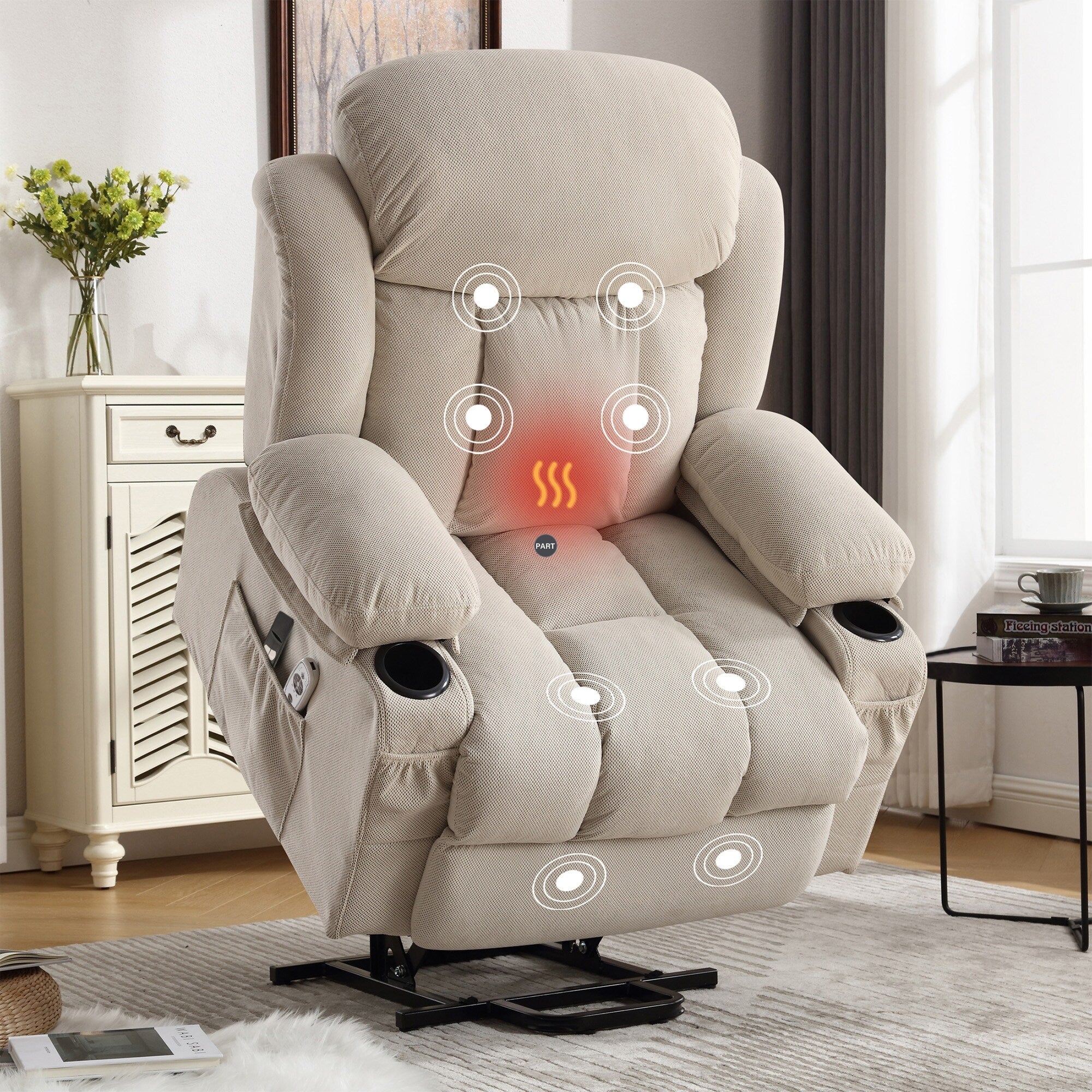 Power Lift Recliner Chair with Heat and Massage Electric Fabric Recliner Chair with Side Pocket,USB Charge Port,Remote Control