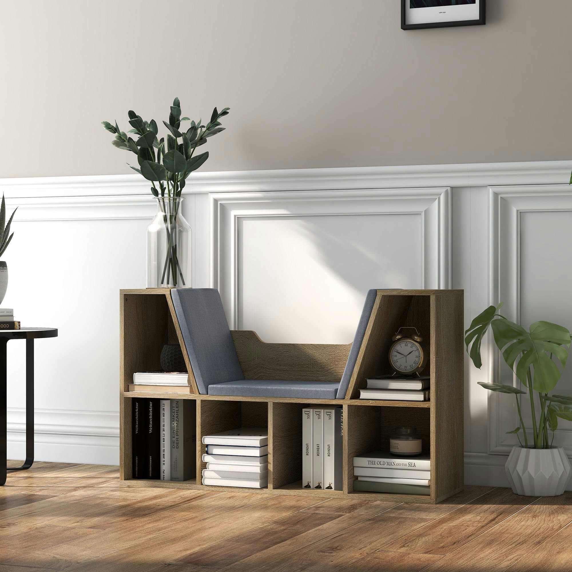 - Bibliothèque banc 2 en 1 - 6 casiers aspect bois clair coussins inclus