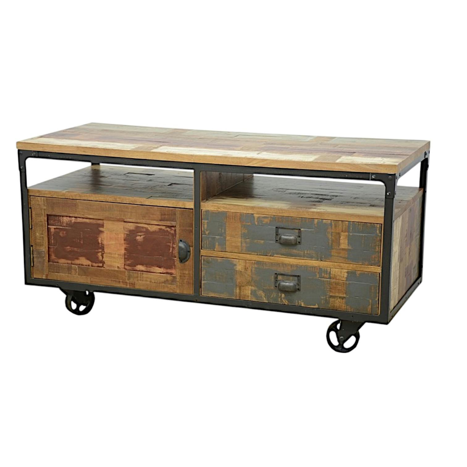 Meuble TV à roulettes 1 porte, 2 tiroirs, 2 niches en Hévéa recyclé coloré et métal 120x50x60cm LOFT COLORS