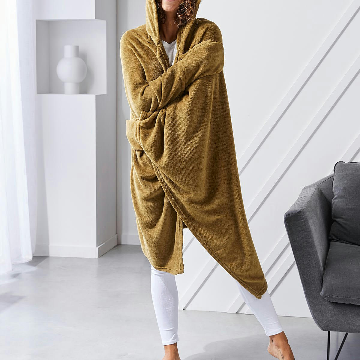 ESSENTIAL - Plaid à capuche uni en polyester bronze 165x115