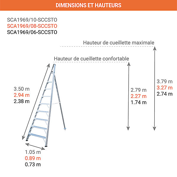 Echelle fruitière 6 barreaux avec pointe - Hauteur max travail 3.24m - SCA1969/06-SCCSTO