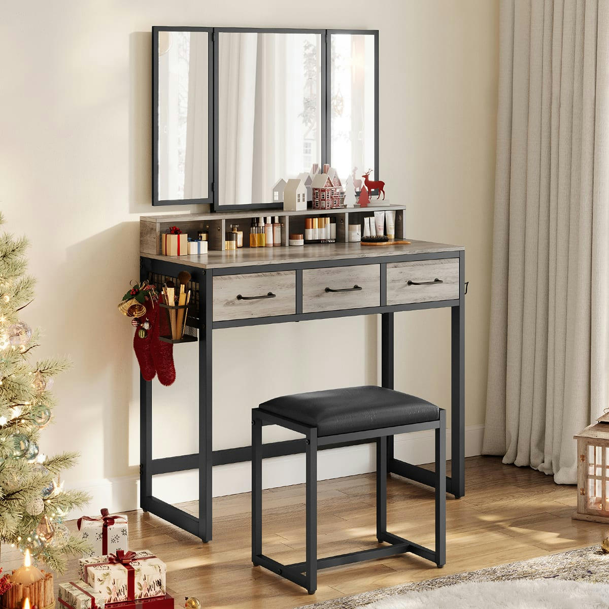 - Coiffeuse avec Tabouret et Miroir Triple 3 Tiroirs Porte-sèche-Cheveux