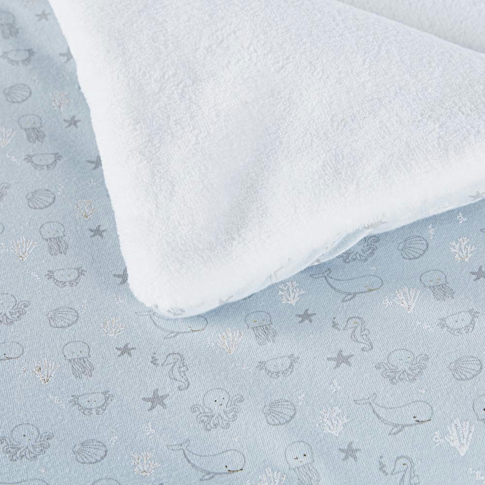 SAINT-MALO - Couverture bébé bleue, blanche et grise imprimé fonds marins 75x100