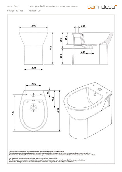 Bidet Easy compact gain de place céramique traditionnelle SANINDUSA pose au sol avec trous pour abattant (non compris) blanc
