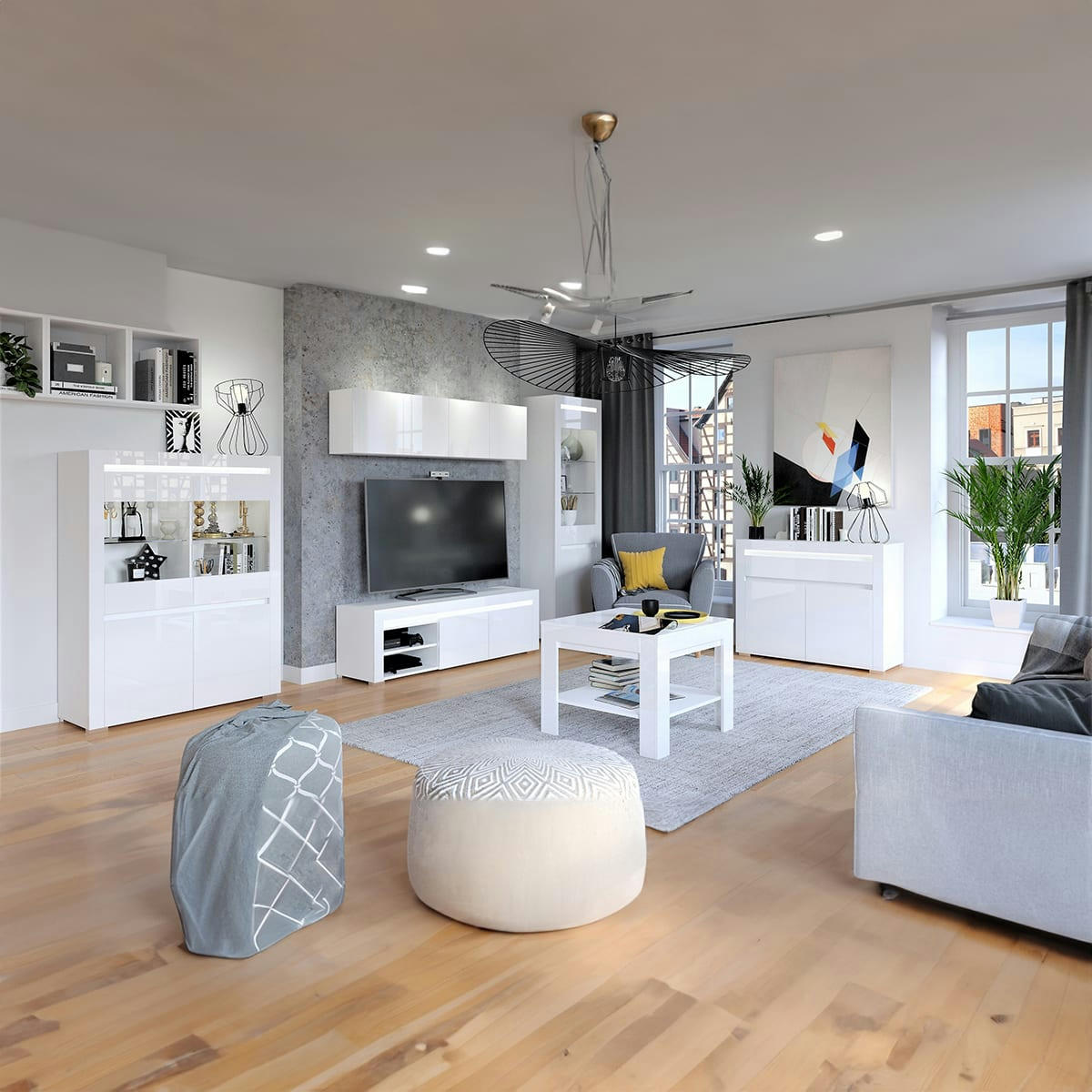 - Buffet 3 portes 3 tiroirs LED inclus stratifiés blanc