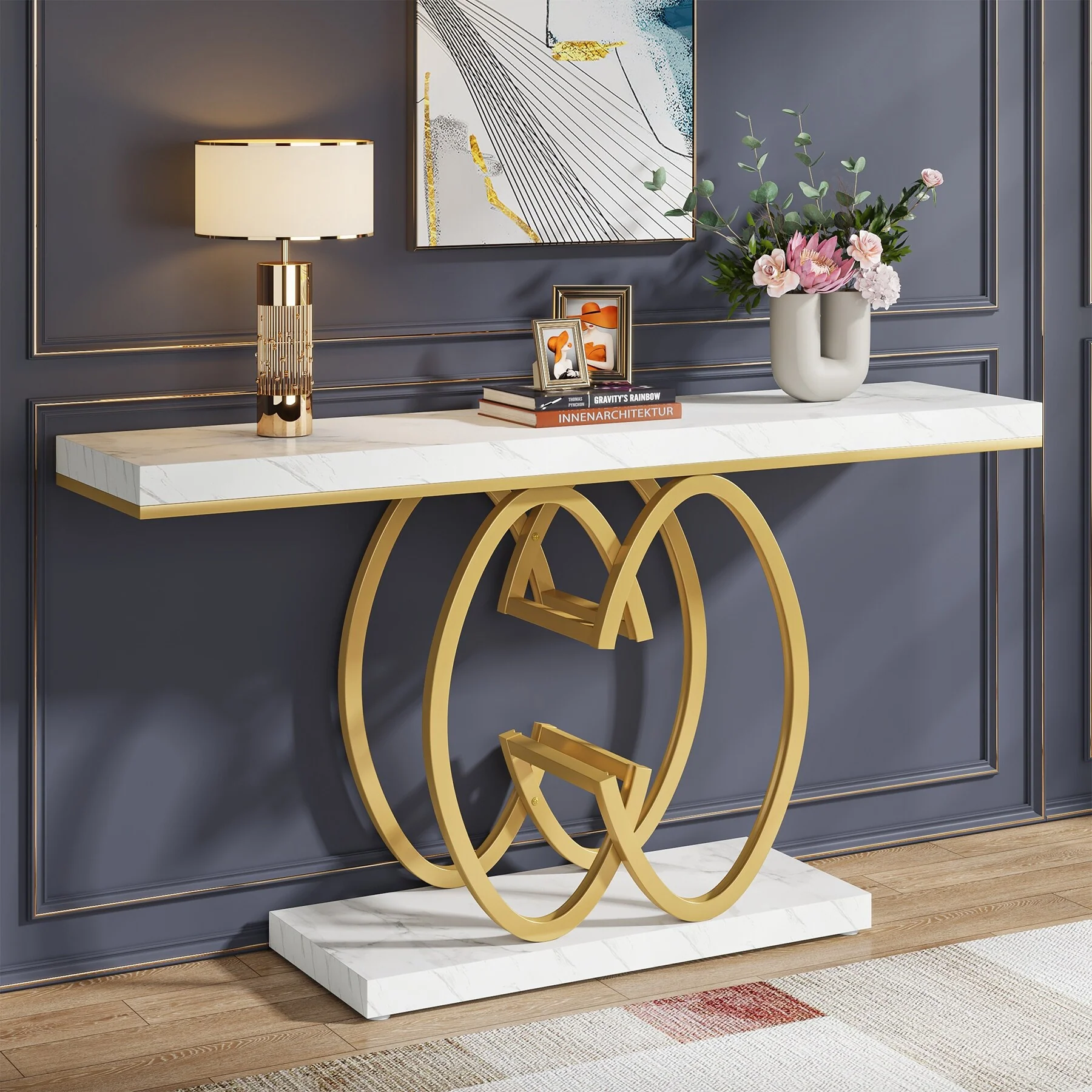 55 Inch Faux Marble Console Table Gold Sofa Table for Entryway