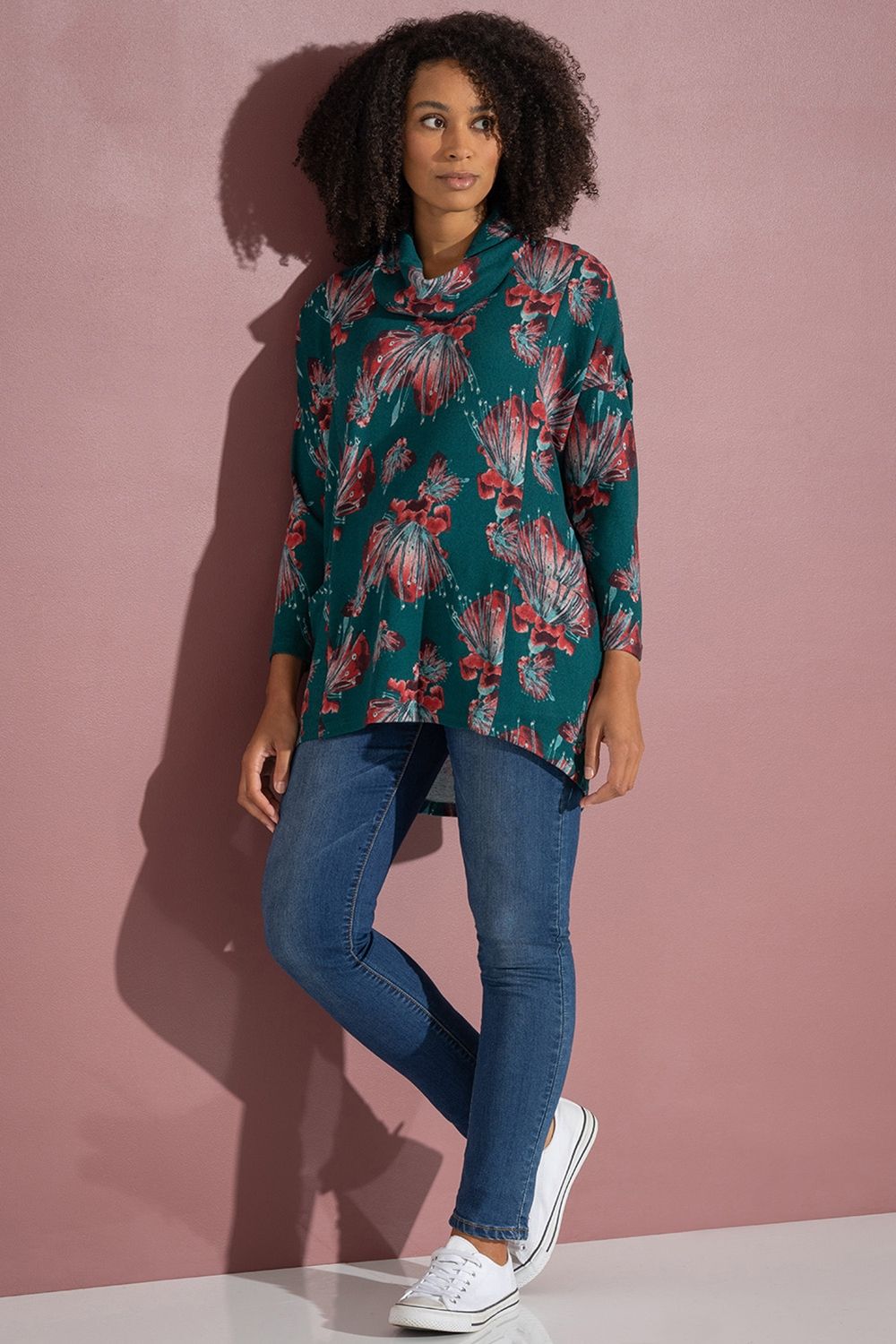 Klass. Floral Print Oversized Brushed Knitted Tunic Top
