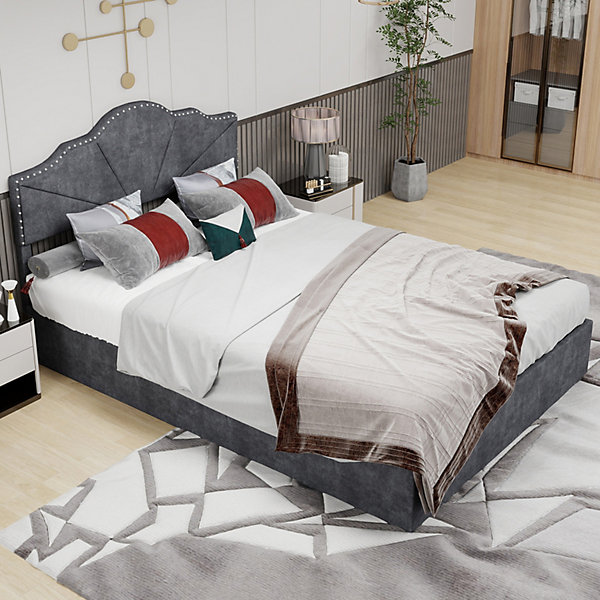 Lit Coffre Double 140x200 cm - Lit Ado Haut Capitonné Moderne et Confortable, Avec Vérin, Sans Matelas, Tissu Gris