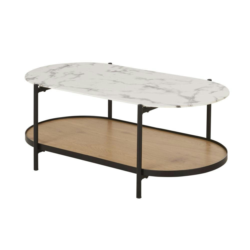 Stona - Table basse ovale en verre trempé imprimé imitation marbre et métal noir L110