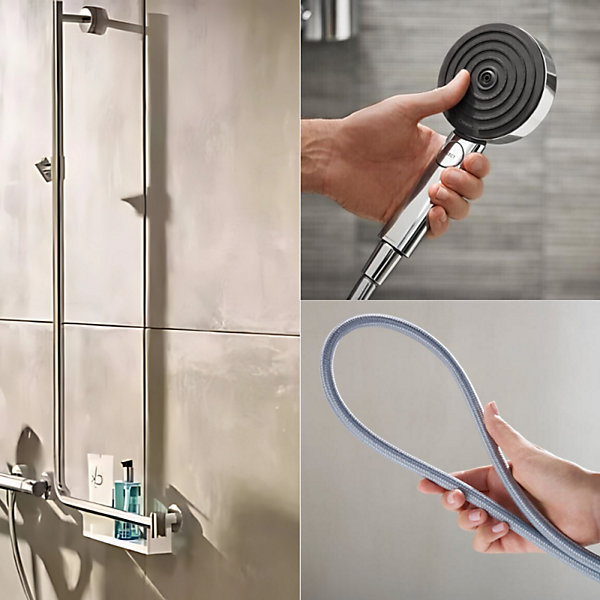 Barre de douche PMR HANSGROHE Unica 110 poignée à droite Chromé   Pommeau de douche Pulsify 3 jets   flexible Designflex 160cm