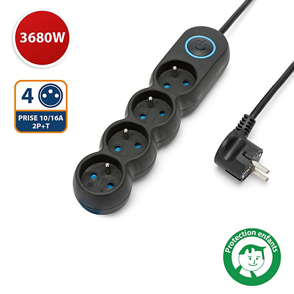 Multiprise française 4x16A, avec interrupteur, câble 1,5m, H05VV-F3G1.0MM2, CE, NF. Noir