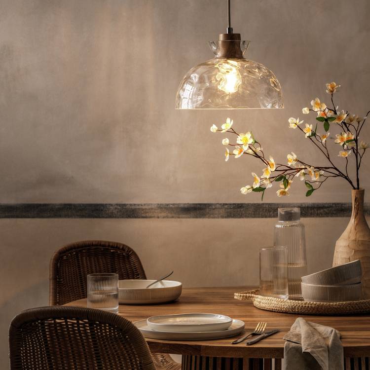 Habitat Vanern Dimple Glass & Wood Pendant Light - Clear