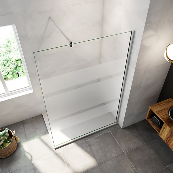 Paroi de douche chrome 140x190cm,6mm verre anticalcaire avec bandes horizontales sérigraphiées,barre de fixation 140cm en carré