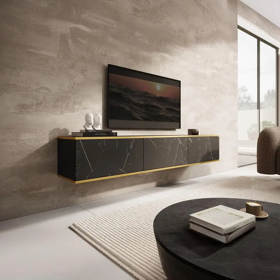 Meubella - TV-Meubel Orleans - Zwart marmerlook - 175 cm