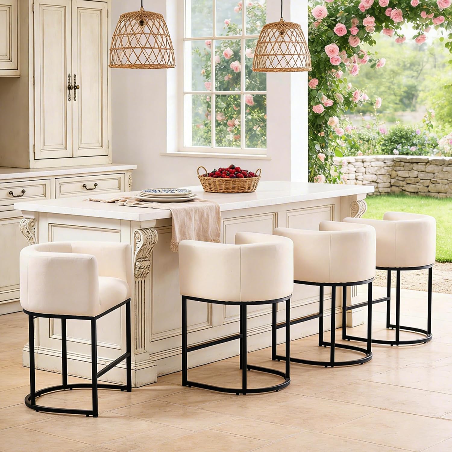 ClinQ 26 H Counter Height Bar Stools Set of 4, Modern Barrel Counter Stools with Backrest and Arms, Black Metal Frames,Linen Fabric Upholstered Accent Barstools for Kitchen Island,Beige