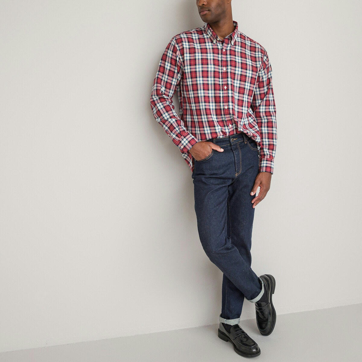 Chemise droite à carreaux, Col américain