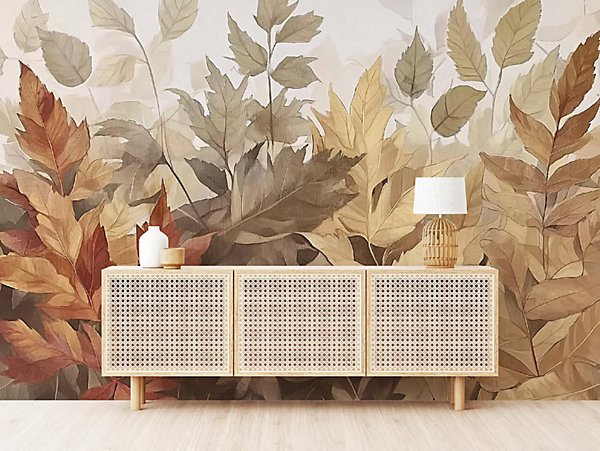 Papier Peint Panoramique Intissé Feuilles Boho Beige 400x280 cm - Colle Inclus - Moderne XXL Papier Peint por Chambre Salon