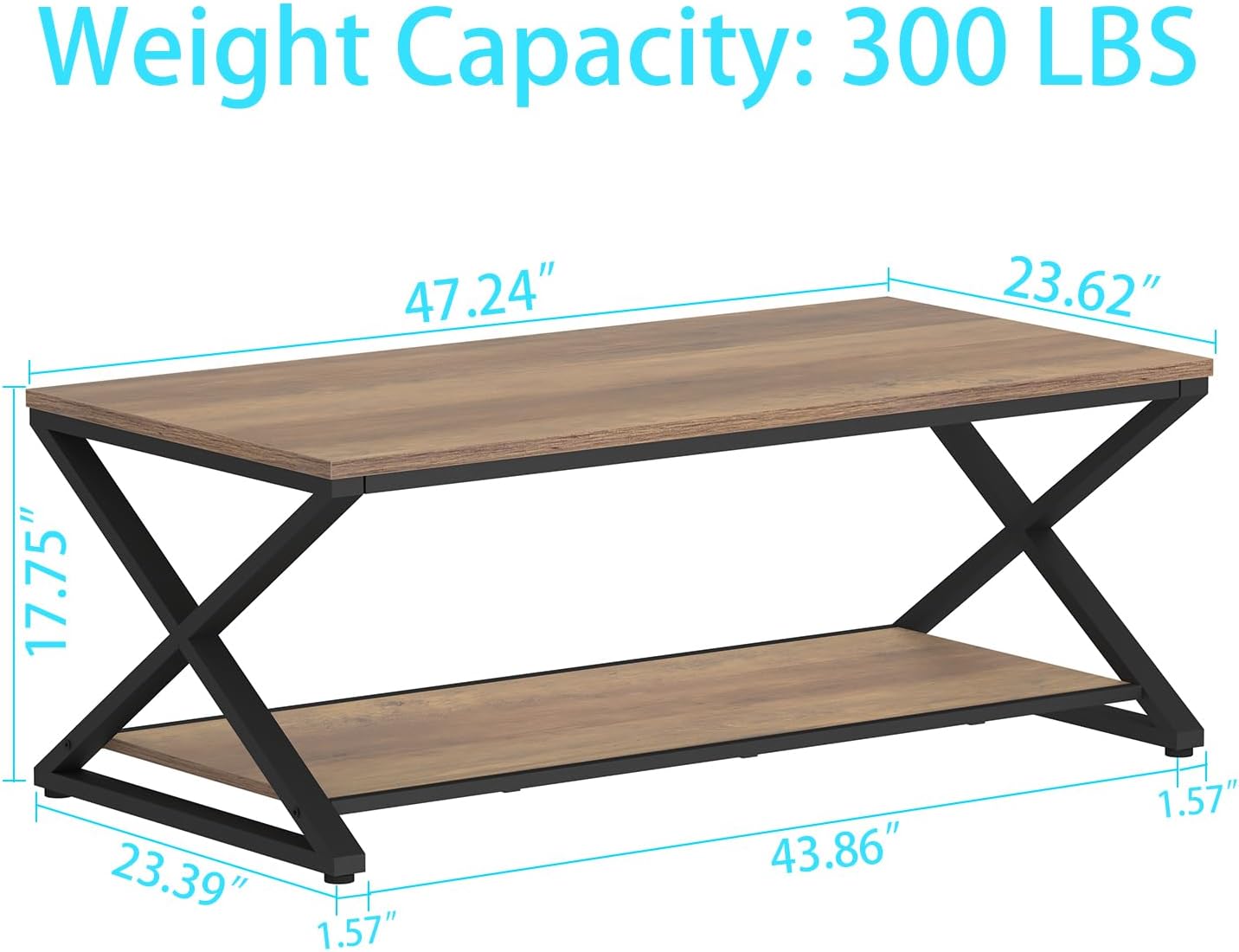 HSH Rustic Wood Coffee Table, Modern Farmhouse Living Room Table, Minimalist Center Table with Storage & Display Shelf, 2 Tier Simple Rectangle Cocktail Tea Table for Home Office Bedroom, 47 Inch