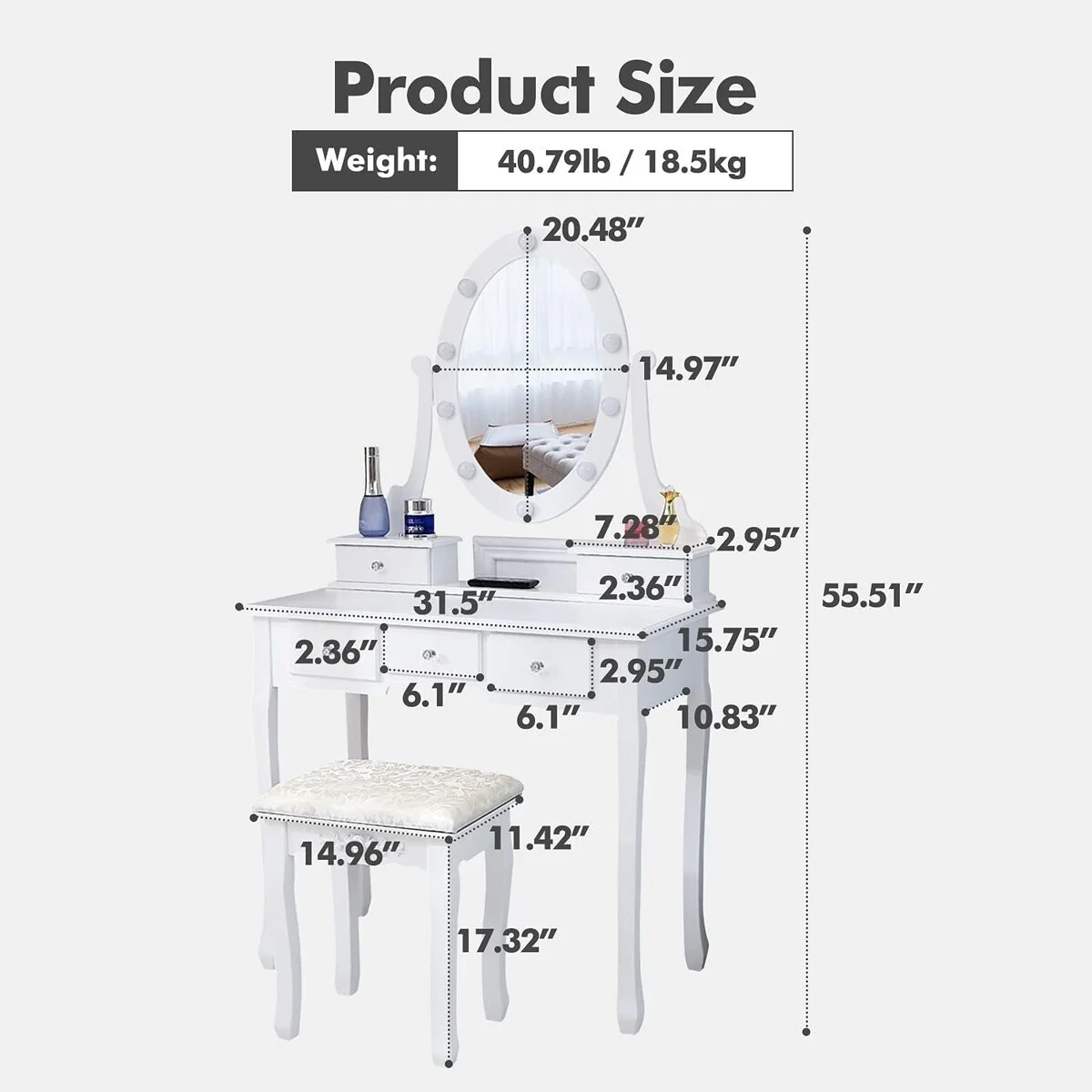 Modern Makeup Vanity Desk with Mirror, Light and Stool