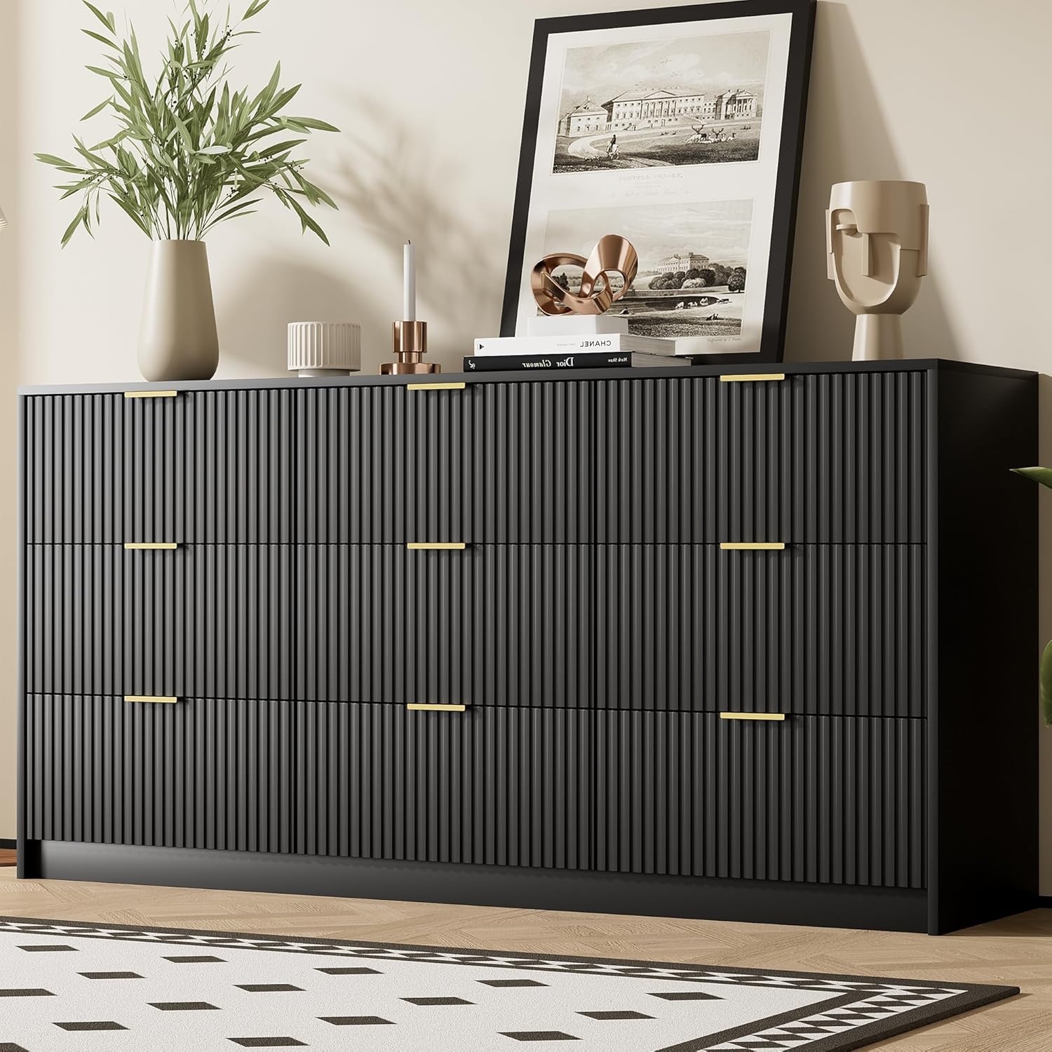 Black Dresser for Bedroom, Modern Dresser with 9 Drawers and Smooth Slides, Wide Chest of Drawers with Golden Handles for Bedroom, Living Room, Closet, 15.7 D x 63 W x 31.5 H