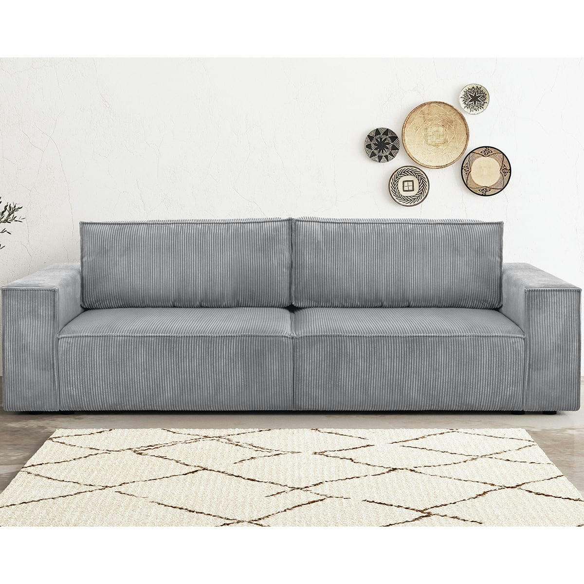 HARPER NEW - Canapé 3 places convertible + coffre en velours côtelé gris clair