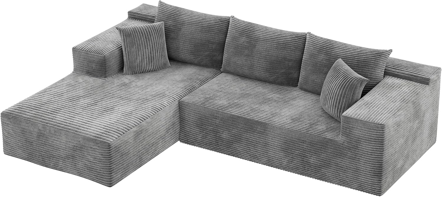 VICTONE 108” Cloud Sectional Couches, Boneless Couch Modular L-Shaped Sofa with Deep Seat, Modern Comfort Upholstered Sofas for Living Room, No Assembly Required (Corduroy, Grey)