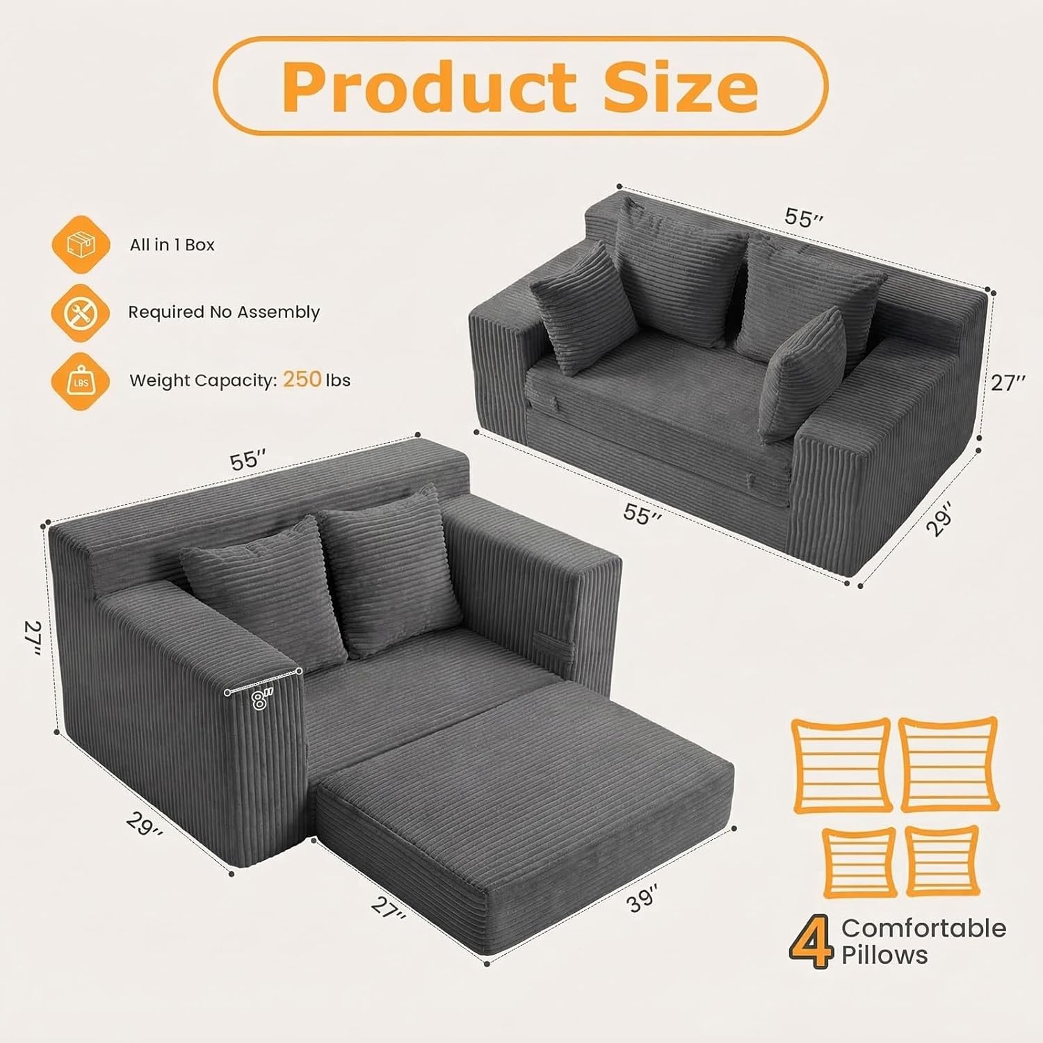 Winzon Boneless Loveseat, 3 in 1 Convertible Sofa Bed Sleeper Sofa Floor Futon Bed with 4 Pillows, 55 Grey Boneless Couch for Living Room, Guest Room, Small Space, No Assembly Required, Corduroy