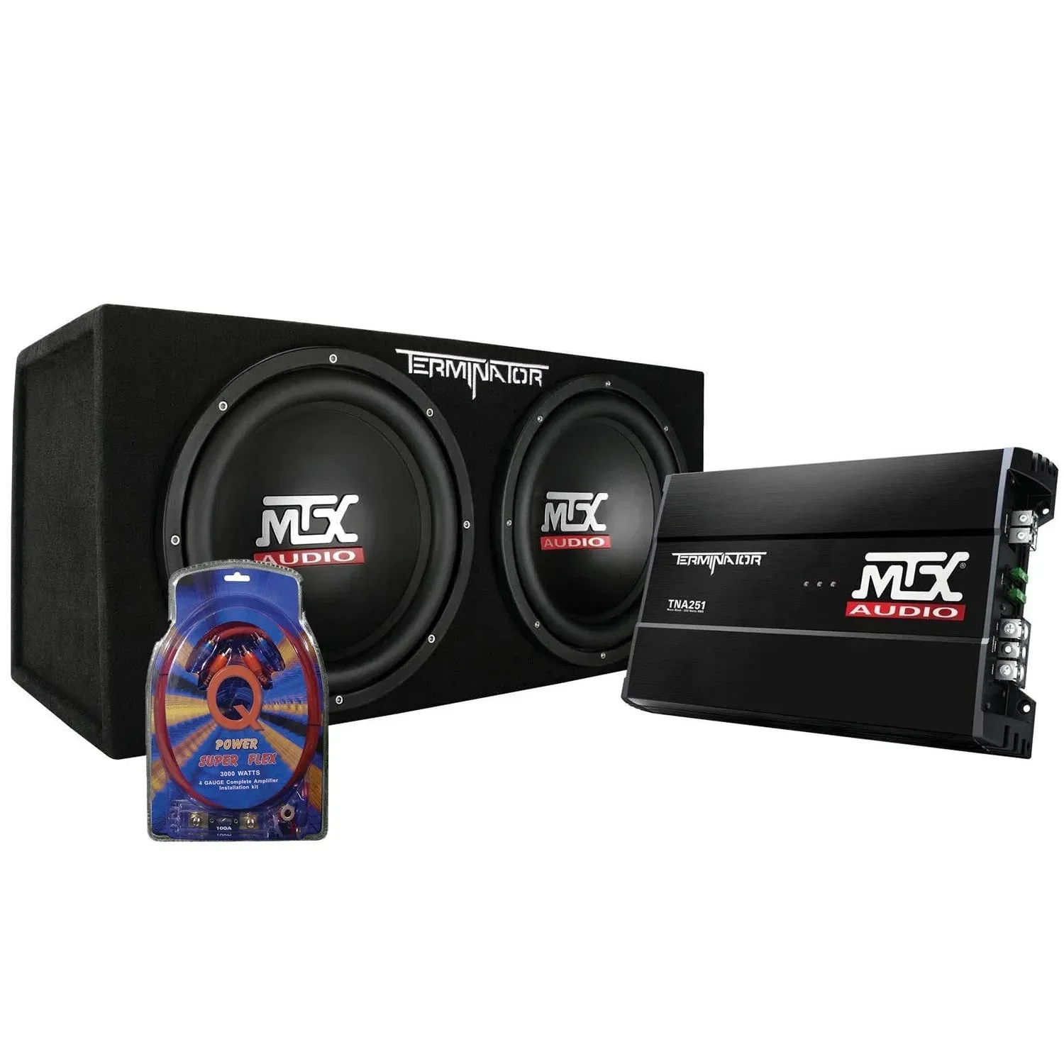 MTX 12 Dual Loaded Car Subwoofer w/Sub Box, Amplifier,  QPower Wiring Kit