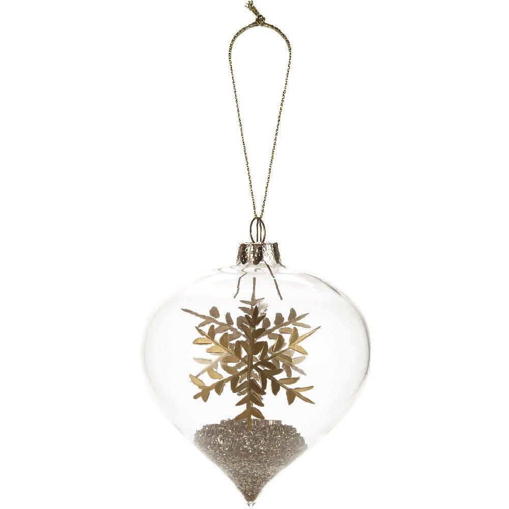 Boule de No&euml;l en verre forme goutte déco flocon et paillette doré