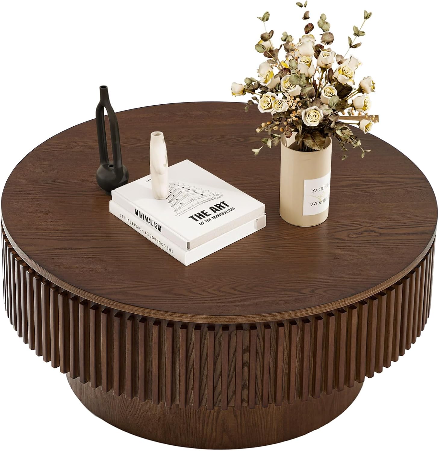 Round Coffee Table with Storage, Small Solid Wood Coffee Table for Living Room, Mid Century Modern Circle Center Tables for Small Space Apartment (31.5''D×14''H-Walnut)