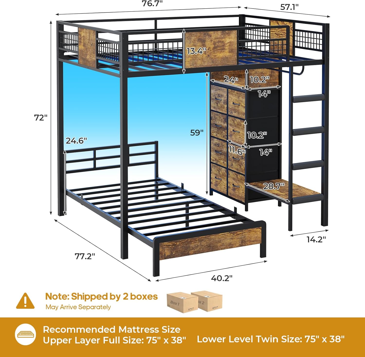ADORNEVE Full Over Twin Bunk Bed with 8 Storage Drawers, Metal Loft Bed with Led Lights & Storage Shelves, Bunk Beds Twin over Full Size with 13.4 H Safety Guardrail & Ladder, for Kids & Teens, Black