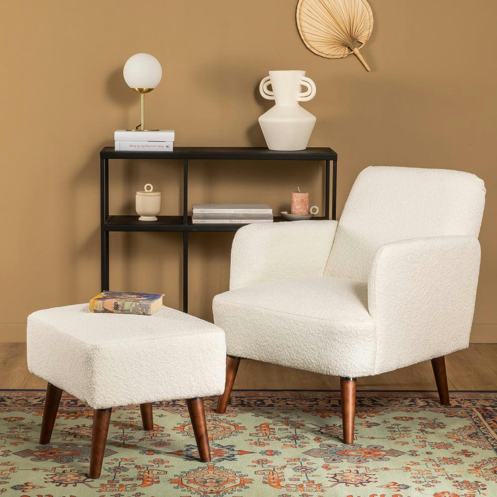 BROOKS - Fauteuil rétro en tissu bouclette pieds bois foncé ecru