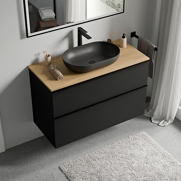 Meuble sous vasque suspendu MDF Noir mat, plan vasque Chêne miel, poignée Chrome - 80x46x62cm - LAVOA