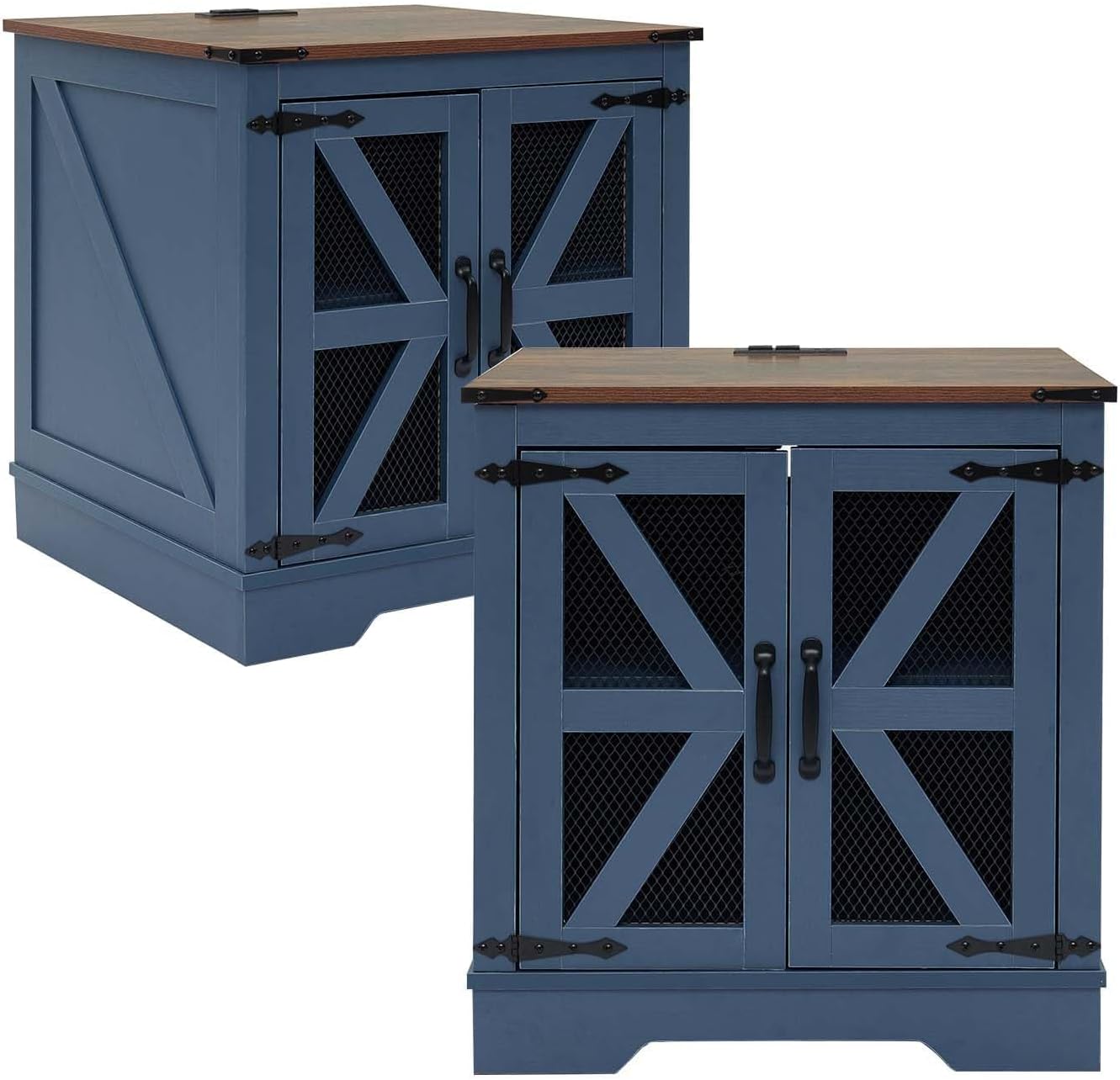 24 Farmhouse End Table Set of 2 with Charging Station and Mesh Barn Door, Rustic Wood Nightstand with Storage Shelf for Living Room & Bedroom, Navy Blue