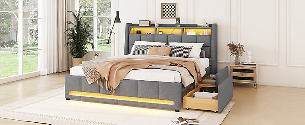 Lit Polster 140x200cm, LED, Tiroirs avec USB, Stufach, Gris