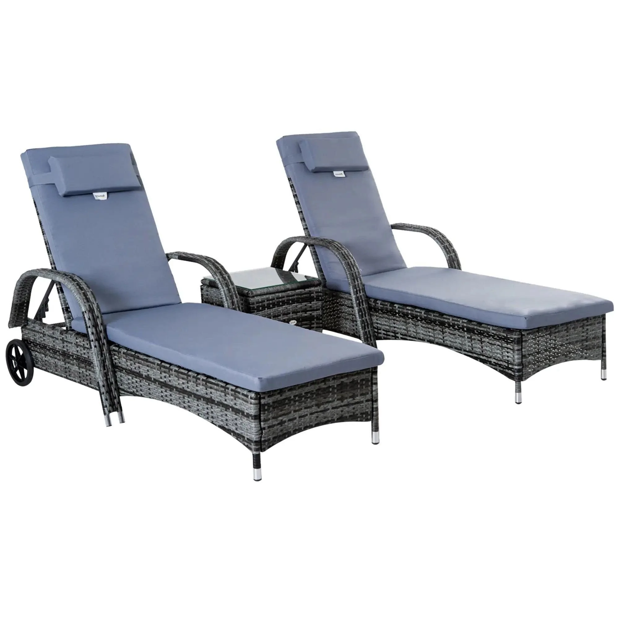 3PC Pool Chaise Lounge Set, 5 Level Adjustable PE Rattan, Deep Cushion